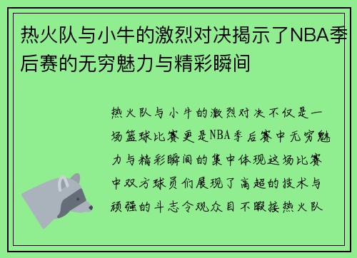 热火队与小牛的激烈对决揭示了NBA季后赛的无穷魅力与精彩瞬间