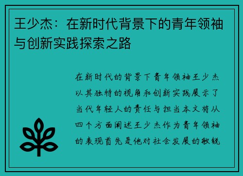 王少杰：在新时代背景下的青年领袖与创新实践探索之路