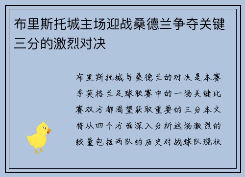 布里斯托城主场迎战桑德兰争夺关键三分的激烈对决