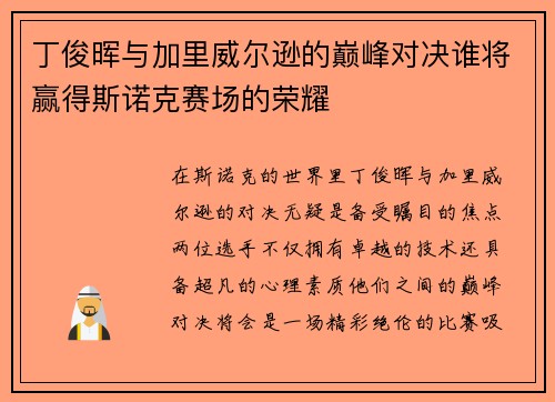 丁俊晖与加里威尔逊的巅峰对决谁将赢得斯诺克赛场的荣耀