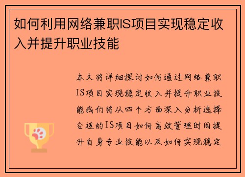 如何利用网络兼职IS项目实现稳定收入并提升职业技能