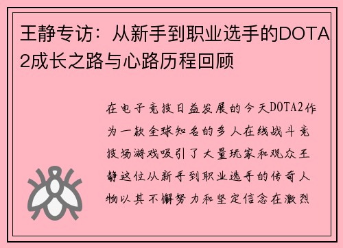 王静专访：从新手到职业选手的DOTA2成长之路与心路历程回顾