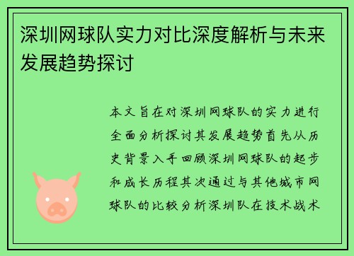 深圳网球队实力对比深度解析与未来发展趋势探讨