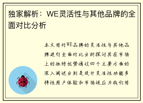 独家解析：WE灵活性与其他品牌的全面对比分析